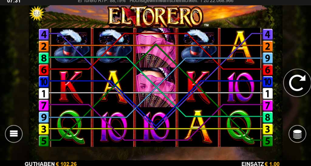 El Torero Startbildschirm mit Gewinnlinien